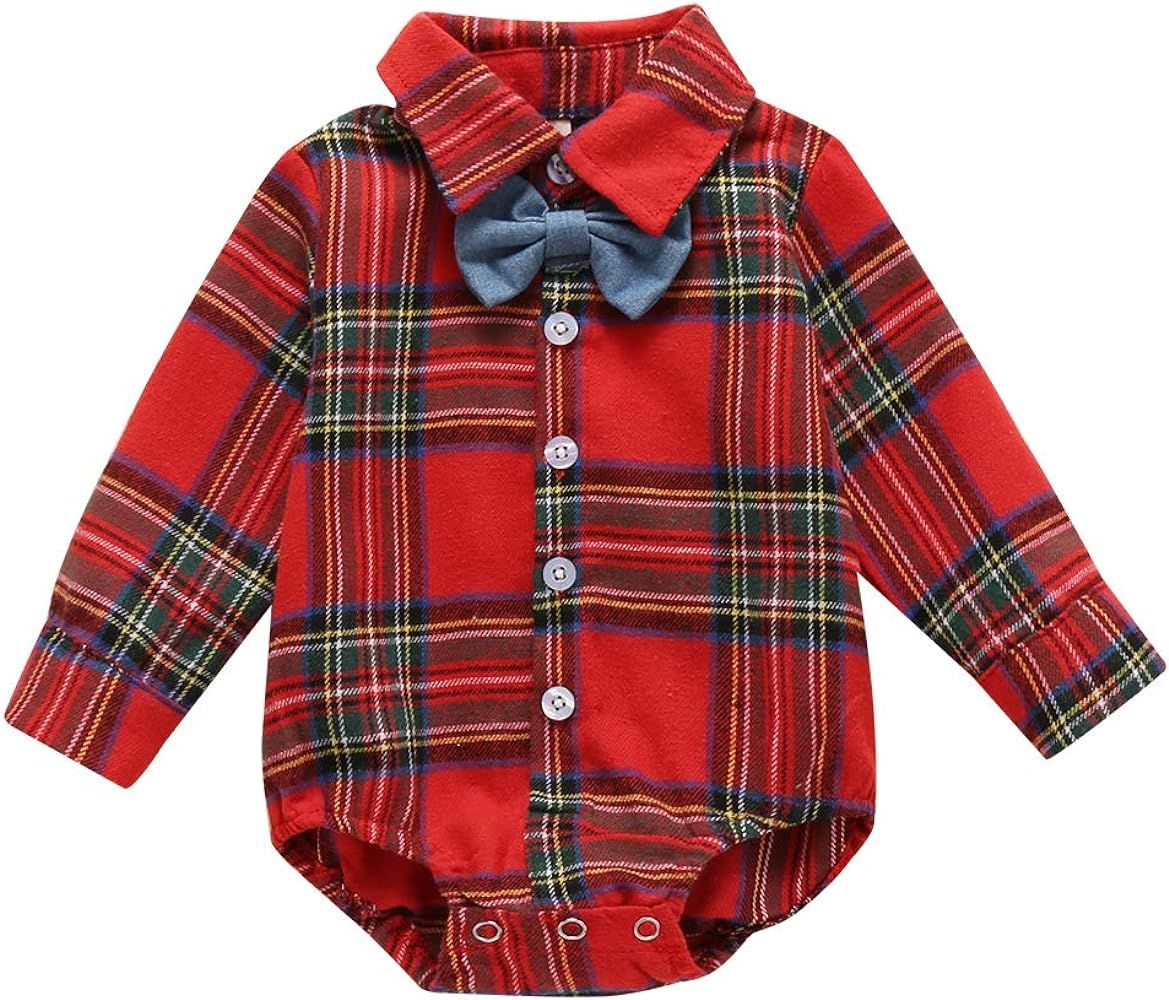 Christmas Outfits for Newborn Baby Boys Plaid Bodysuit Onesie with Bowtie Flannel Romper Dress Sh... | Amazon (US)