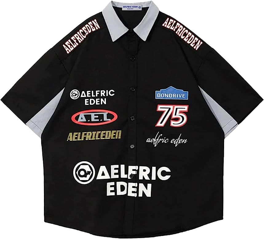 Aelfric Eden Men's Vintage Oversized Shirts Unisex Streetwear Patchwork Casual Short-Sleeve | Amazon (US)