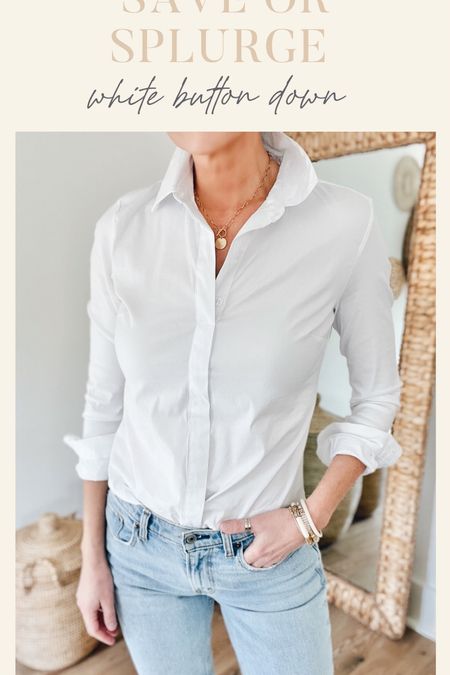 Save or splurge white button down. I have xs in both. Splurge is more structured and has a stitched placket (use code RACHELXSPANX as a discount).  Save is only $21. A little longer and more relaxed. 

#LTKstyletip #LTKunder50 #LTKworkwear