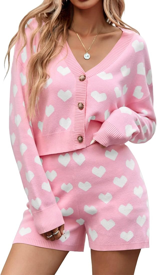 Tankaneo Womens Valentine's Day Sweater Sets Heart Knit Long Sleeve Cropped Cardigan and Shorts 2... | Amazon (US)