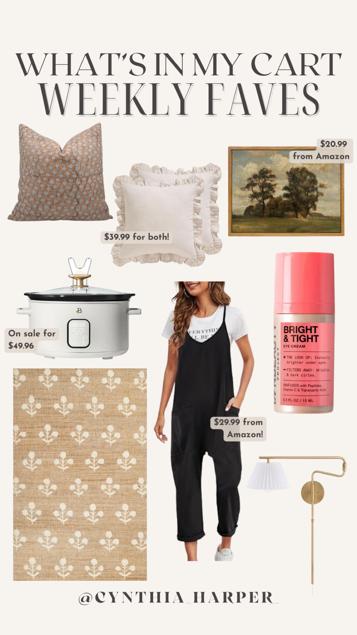 What’s in my cart! Weekly favs I want! 

Amazon pillows, cute pillows, Amazon art, crockpot, Beautiful by Drew Barrymore, Amazon jumpsuit, Eye Cream, cute rug, sconce, lighting  

#LTKfindsunder50 #LTKfindsunder100