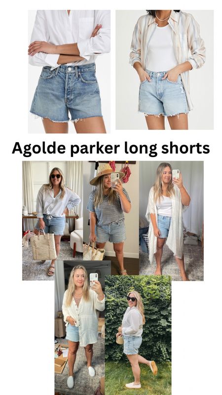 Agolde parker long shorts are a vintage feel cotton rigid denim. They dont have stretch but break in. Go up if in between . Full button fly and longer inseam . I have on the color “ swapmeet” and its inbetween the lighter and medium wash linked below. Use code FRESH for 20% off during the sale on select pairs. 

#LTKSeasonal #LTKcurves #LTKsalealert