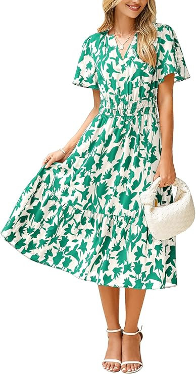 BerryGo Women's Floral Summer Short Sleeve Midi Dress V Neck Empire Waist Swing Flowy Boho Dress | Amazon (US)