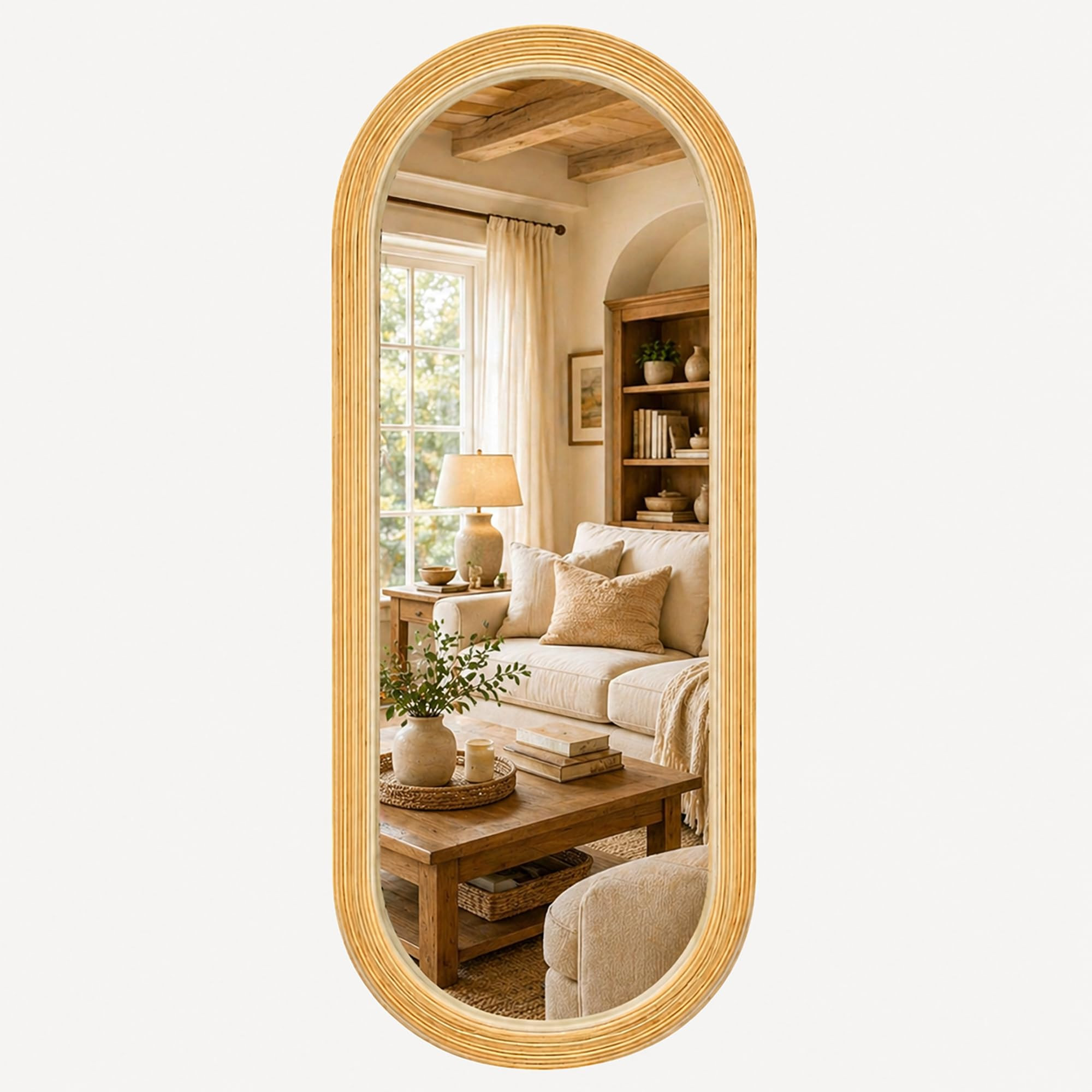 20" x 52" Oval Full Length Wall Mounted Mirror, Handwoven Natural Bamboo Frame (Warm Tone), Boho ... | Amazon (US)