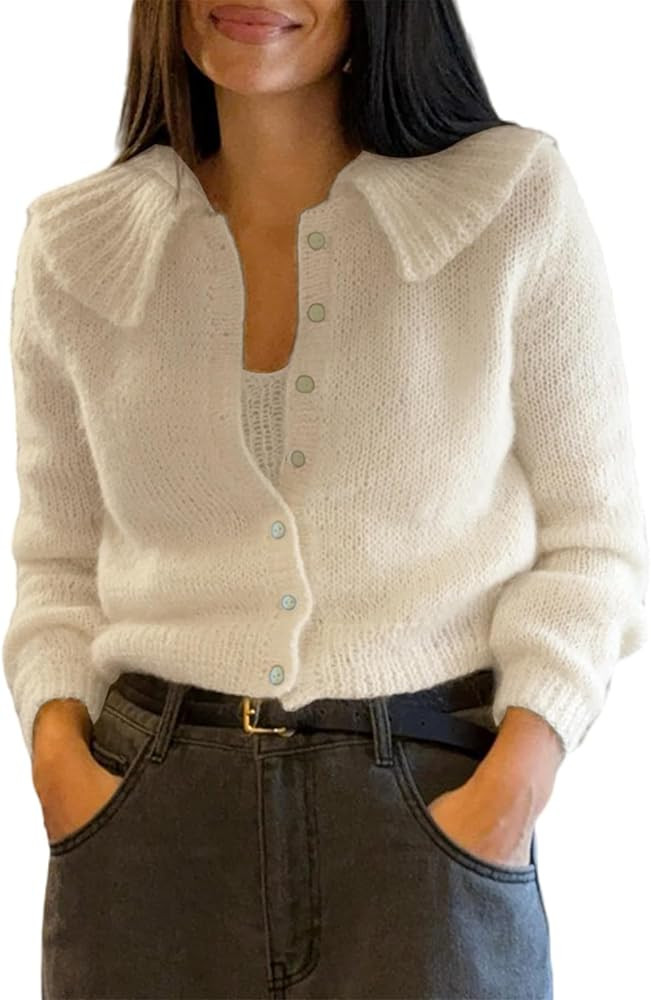 Womens Y2k Peplum Cardigan Sweater Long Sleeve Button Up Crochet Cardigan Ruffle Fluffy Fall Fash... | Amazon (US)