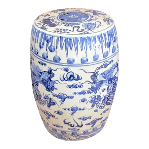 Contemporary Chinoiserie Porcelain Dancing Dragon Garden Stool | Chairish
