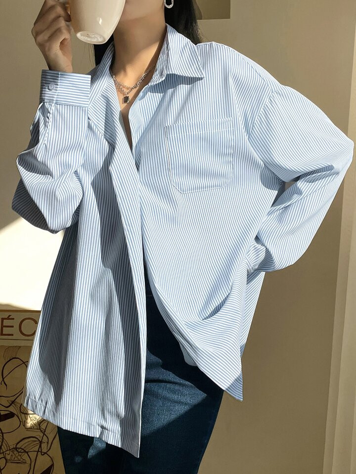DAZY Vertical Striped Patched Pocket Drop Shoulder Shirt | SHEIN