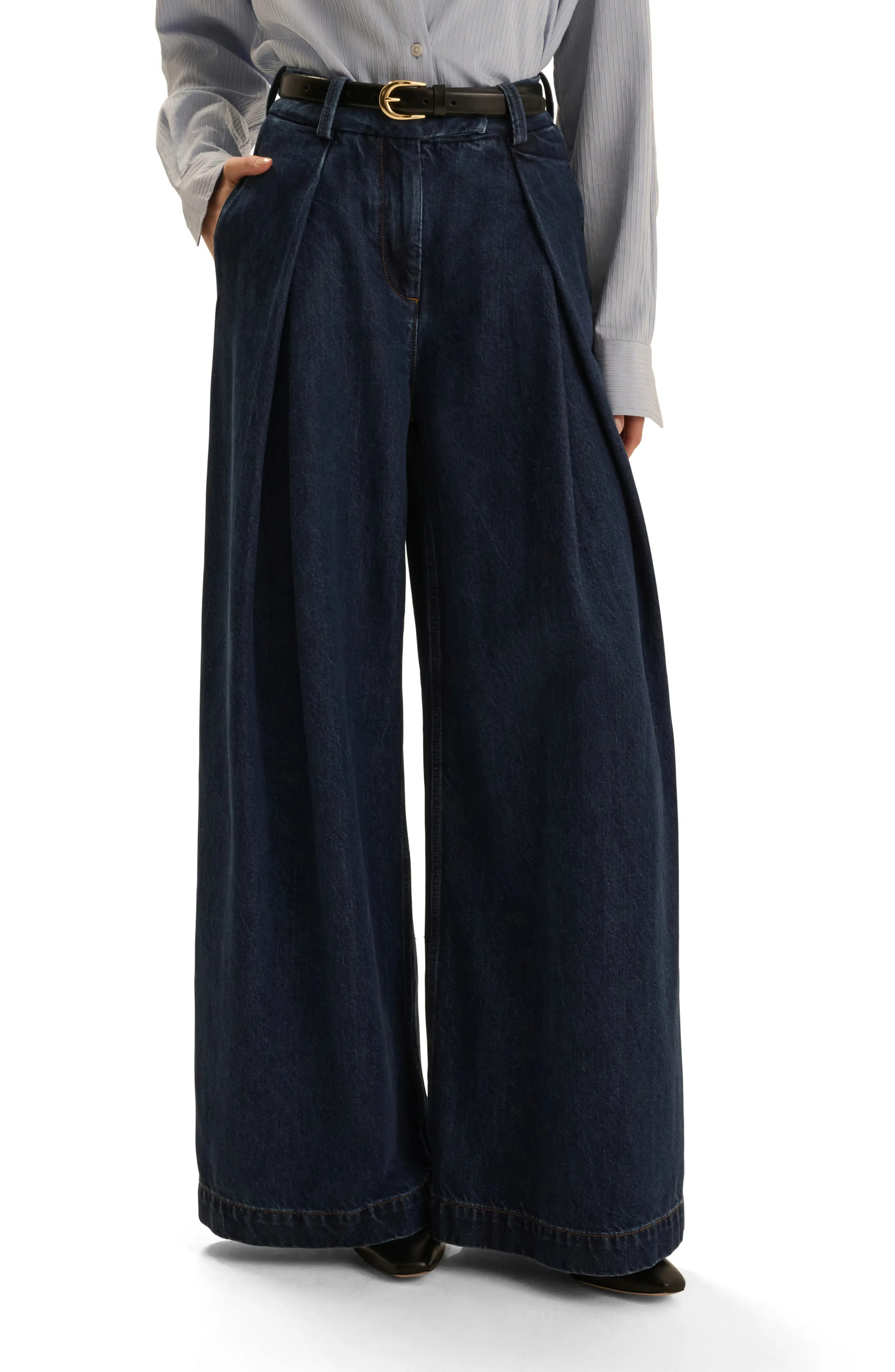Favorite Daughter The Petite Pleats High Waist Wide Leg Jeans in Dark Sea at Nordstrom, Size 24 | Nordstrom