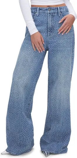 Good American Good Ease Crystal Embellished Wide Leg Jeans | Nordstrom | Nordstrom