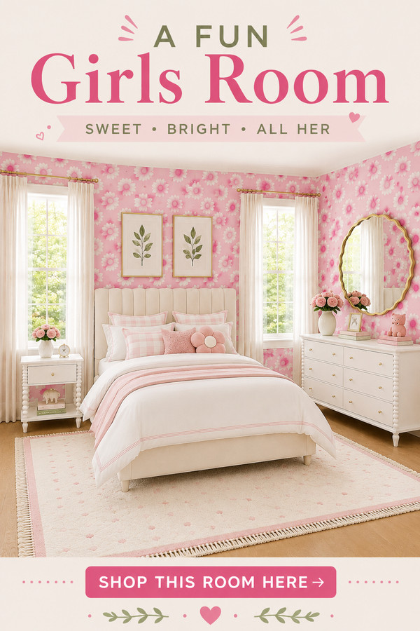 Create the ultimate fun girls room with cheerful pink floral wallpaper, a cozy upholstered bed, a scalloped gold mirror,
