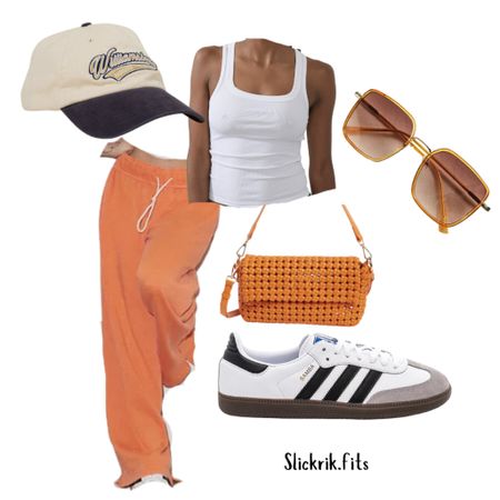 Comfy Sunday outfit, orange, sweatpants, sambas outfit. Travel outfit