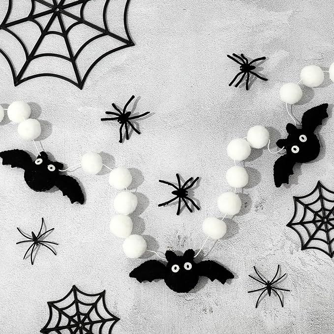 AnyDesign 8.2Ft Halloween Felt Garland 3D Black Bat White Pom Pom Ball Banner Cute Halloween Bat ... | Amazon (US)