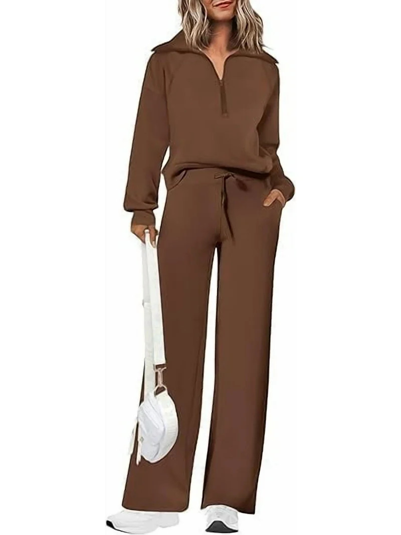 PRETTYGARDEN Women's 2 Piece Outfits Casual Lapel Half Zip Sweatshirts And Wide Leg Pants Tracksu... | Walmart (US)