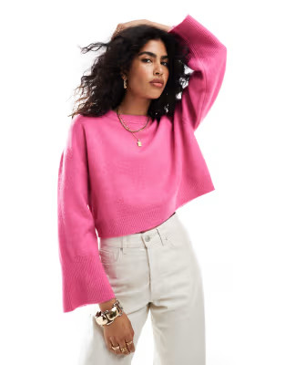 ASOS DESIGN crew neck boxy sweater with wide cuff in pink | ASOS (Global)