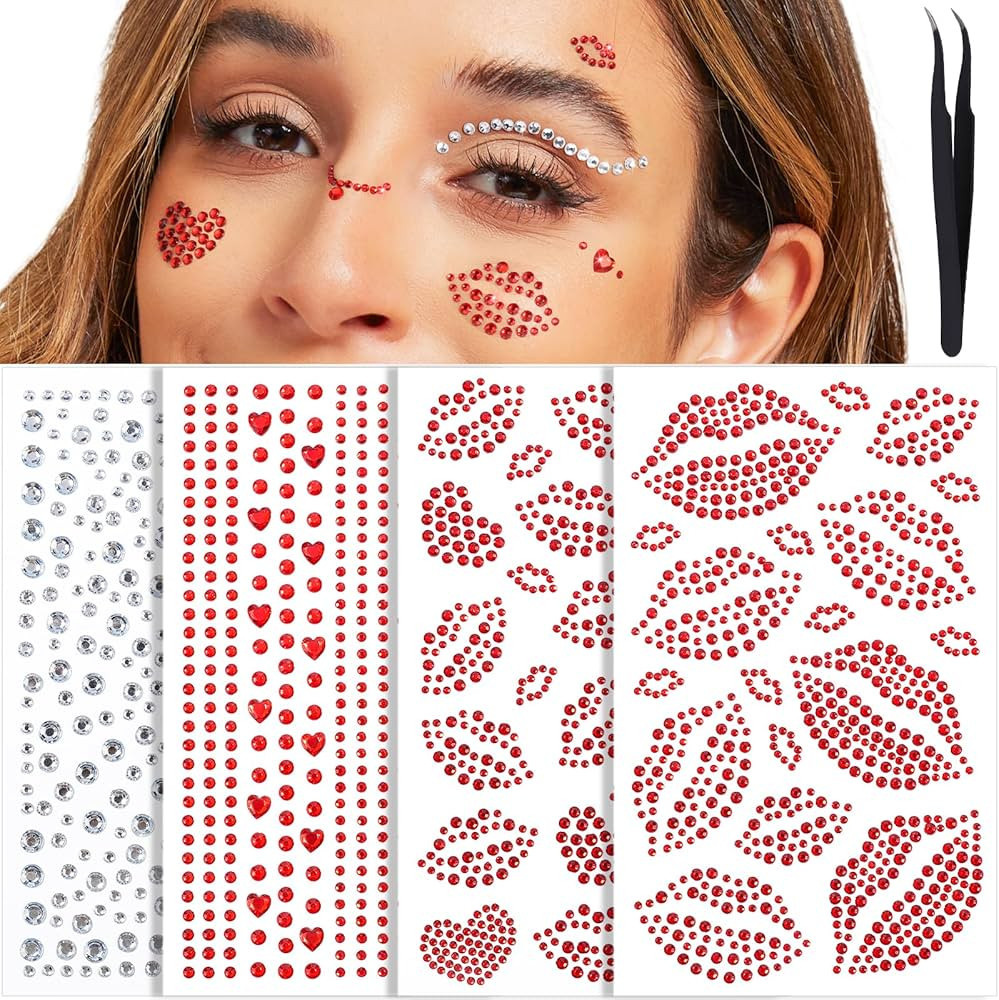 YGDZ Face Gems Self-Adhesive Face Jewels Stickers, Red Lip Hair Gems, Festival Kiss Jewels, Face ... | Amazon (US)