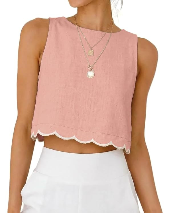 IDEALSANXUN Womens High Neck Linen Tank Tops Spring Summer Scallop Hem Cropped Sleeveless Shirts ... | Amazon (US)