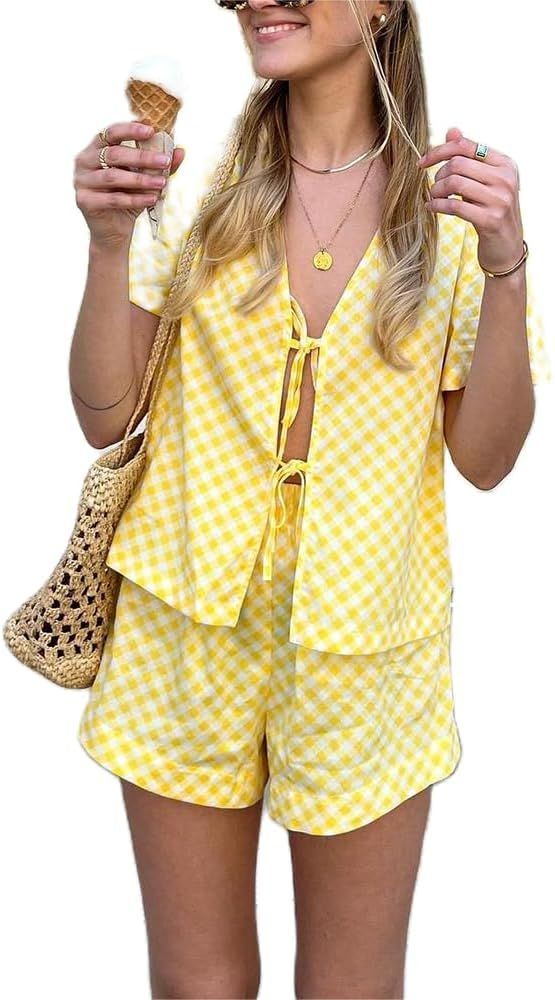 Women 2 Piece Pajamas Set Cute Striped Print Tie Front Short Sleeve T-shirt Low Waist Shorts Suit... | Amazon (US)