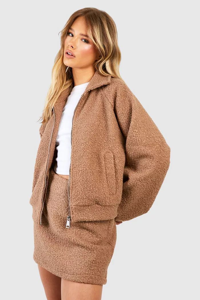 Boucle Zip Front Bomber Jacket | Boohoo.com (UK & IE)