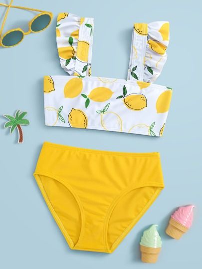 Toddler Girls Lemon Print Ruffle Trim Bikini Swimsuit | SHEIN