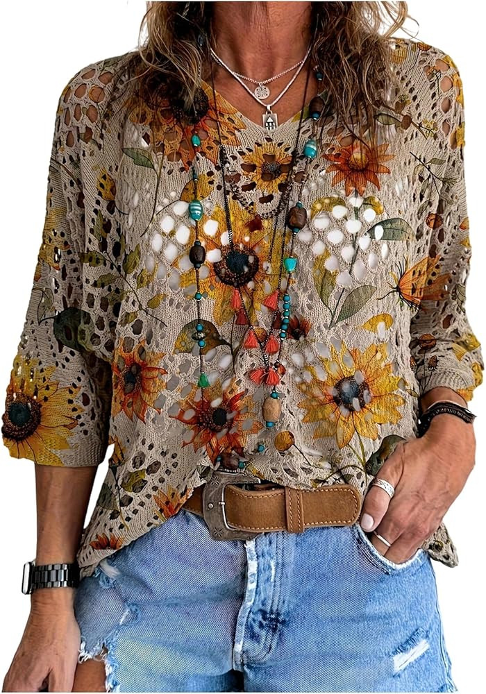 GORGLITTER Women's Floral Crochet Lightweight Sweater Boho V Neck 3/4 Short Sleeve Hollow Out Kni... | Amazon (US)