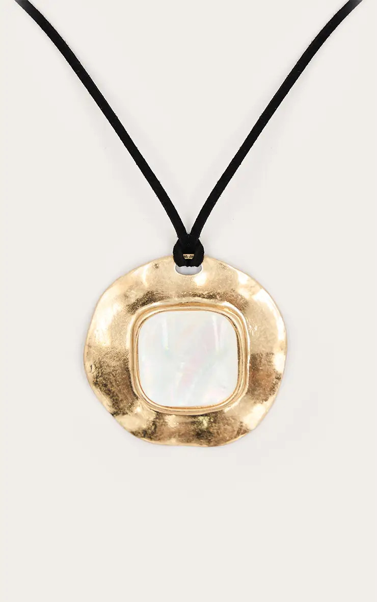 Gold Brushed Mother of Pearl Oversized Pendant Cord Necklace | PrettyLittleThing UK