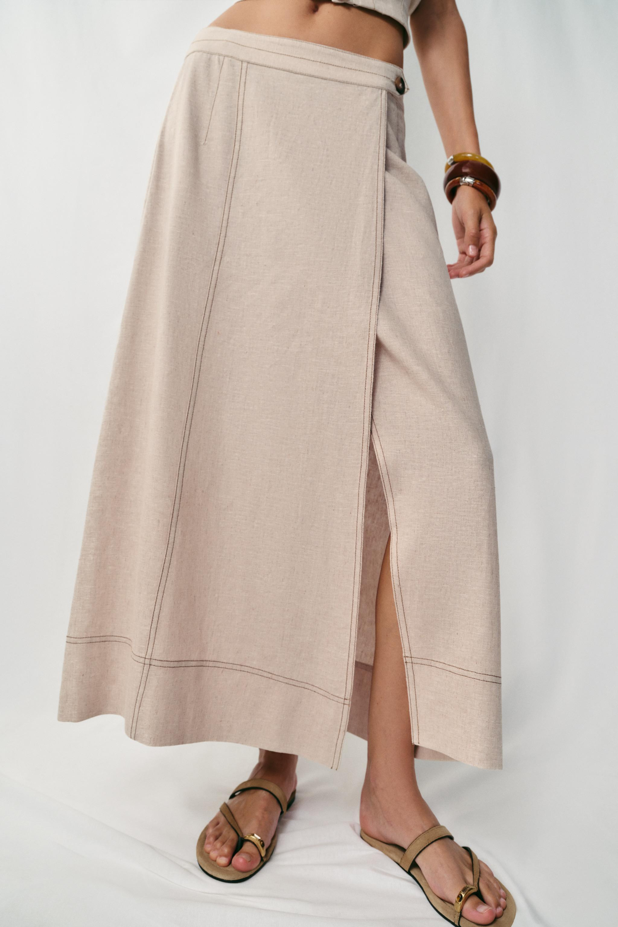 LINEN WRAP SKIRT WITH TOPSTITCHING | Zara US