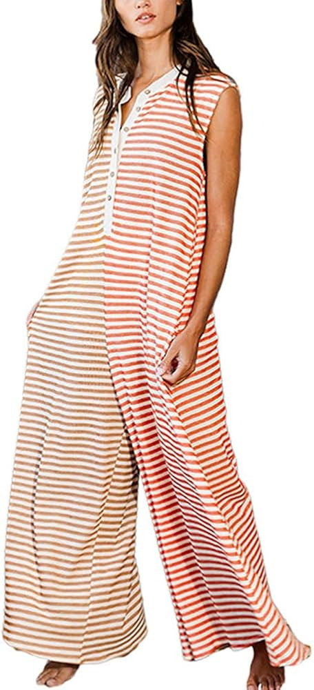 chouyatou Women's Summer Color Block Striped Jumpsuit Wide Leg Romper Dressy Casual Overall Pant | Amazon (US)