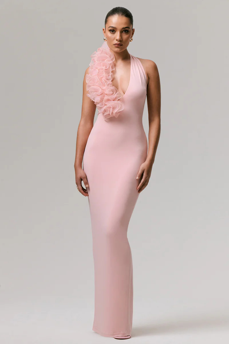 Harriet  Pink Plunge-Neck Maxi Dress With Floral Detail | Club L London