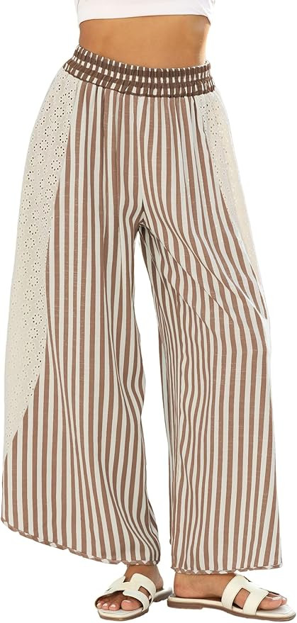 Athlisan Womens Summer Casual Loose Striped Wide Leg Lounge Pants Elastic Waist Palazzo Trousers | Amazon (US)