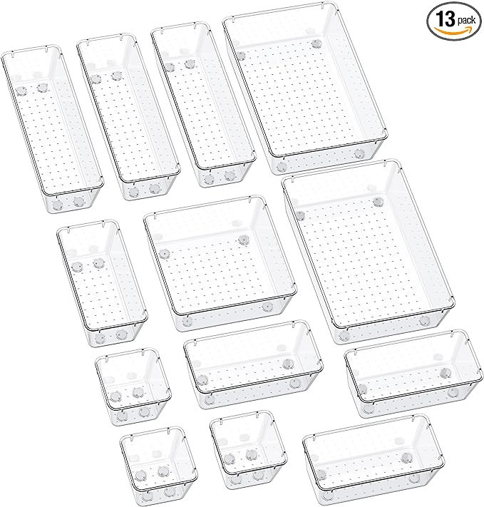 SMARTAKE 13-Piece Drawer Organizers with Non-Slip Silicone Pads, 5-Size Desk Drawer Organizer Tra... | Amazon (US)