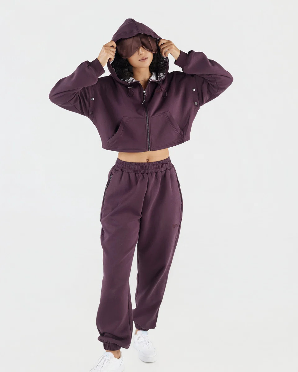 Deep Plum Satin Lined Crop Zip Travel Set | KIN Apparel