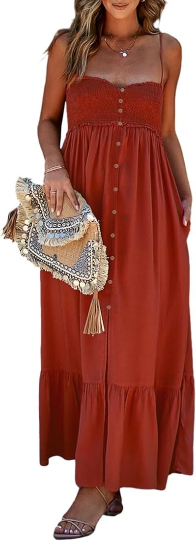 Dokotoo Womens Summer Casual Dresses Sleeveless Spaghetti Strap Button Down Smocked Beach Long Ma... | Amazon (US)