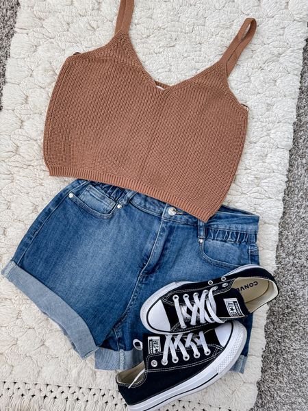 Casual spring outfit that will be on repeat. 

Spring Outfit 
#sweatertank #denimshorts #525america #springoutfit #summerstyle #womensfashion #converse 

#LTKover40 #LTKFestival #LTKstyletip