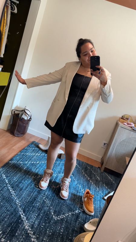 Casual Sneaker OOTD! This faux leather dress and blazer pair so well. It feels like a city date night outfit! 

#LTKplussize #LTKstyletip #LTKCon