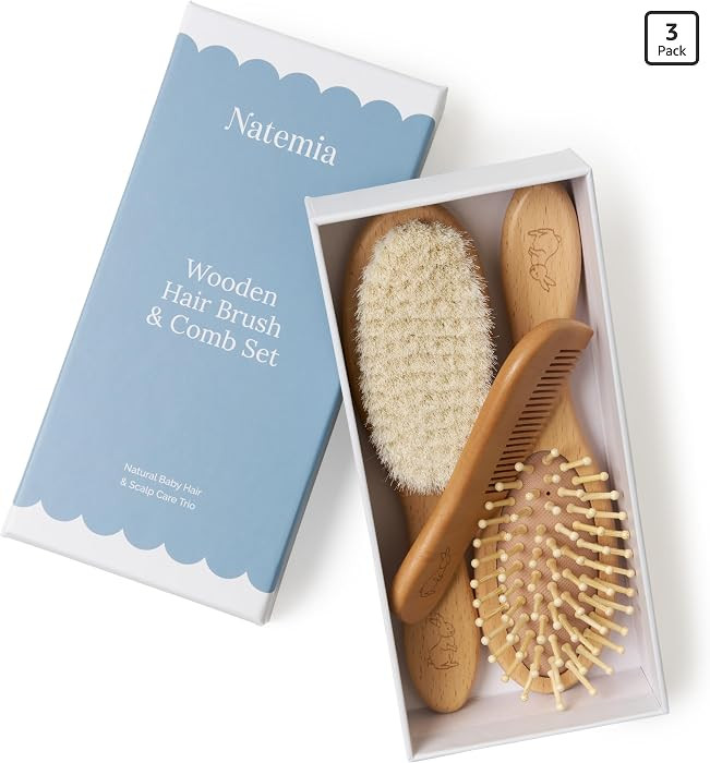 Natemia Wooden Baby Hair Brush & Comb Set - Natural Goat Hair Bristles & Soft Bristle Brush - Gen... | Amazon (US)