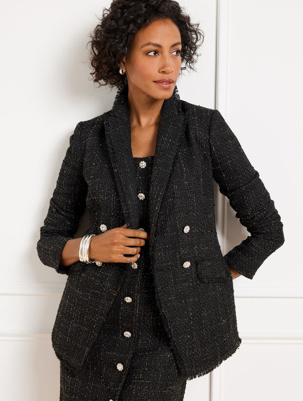 Metallic Fringe Tweed Double Breasted Blazer | Talbots