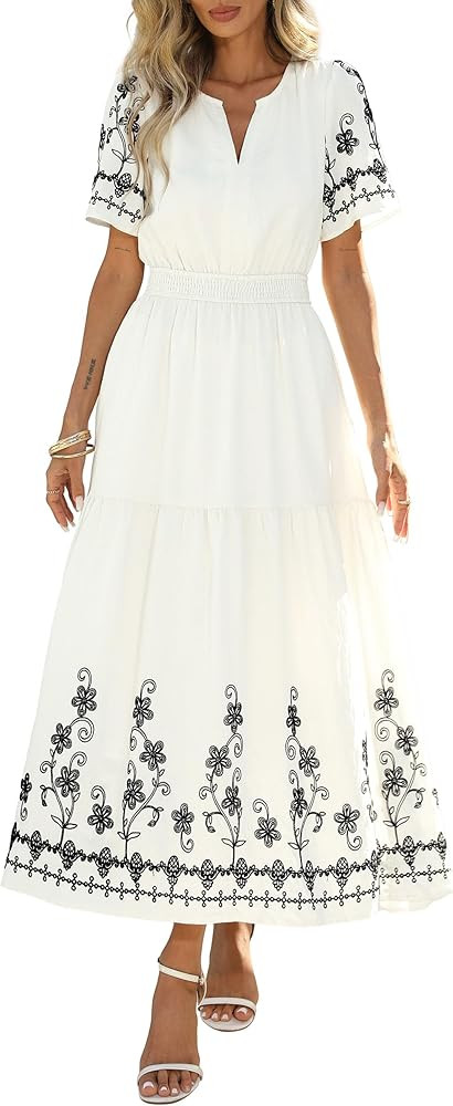 PRETTYGARDEN Women's Summer Boho Maxi Dress 2026 Spring Floral Short Sleeve V Neck A Line Flowy B... | Amazon (US)