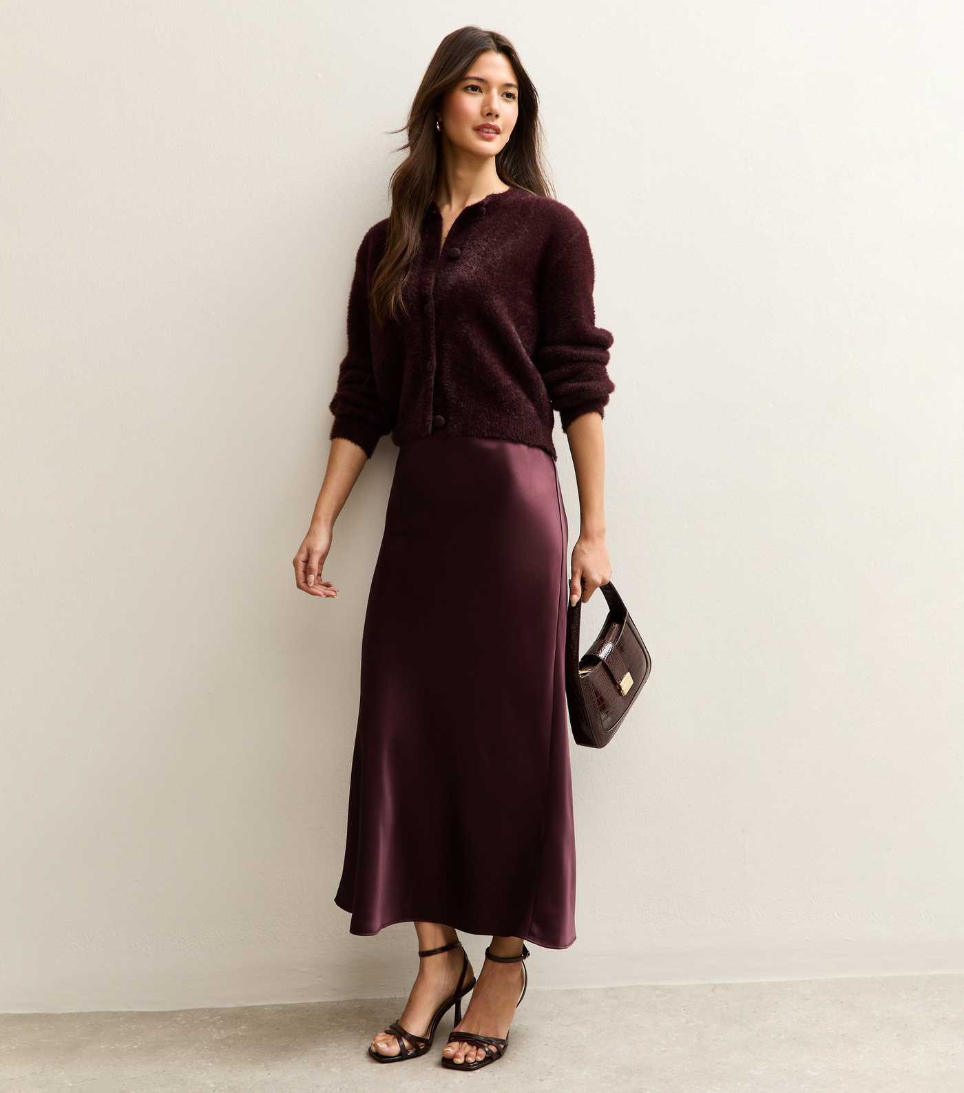 Dark Burgundy Satin Bias Cut Midi Skirt | New Look | New Look (UK)