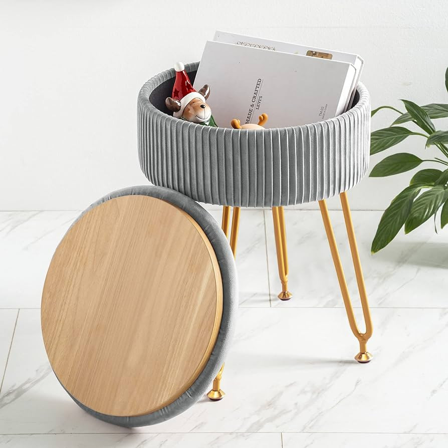 LUE BONA Velvet Vanity Stool Chair for Makeup Room, Grey Vanity Stool with Gold Legs,18” Height, Small Storage Ottoman Foot Ottoman Rest for Living Room, Bathroom | Amazon (US)