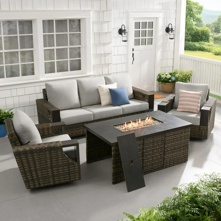 Better Homes and Gardens Rockport 4-Piece Outdoor Conversation Set with Firepit Table | Walmart (US)