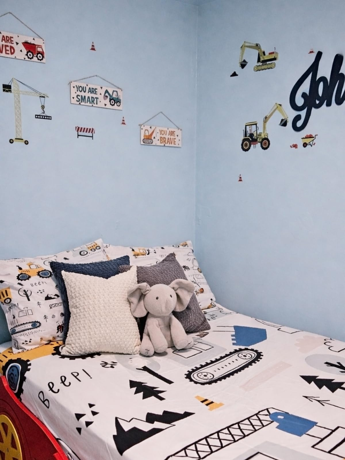 Construction-themed kids bedroom decor!
Perfect for little ones who love trucks, tractors, and playful spaces. This adorable bedding set and wall decor create a fun, cozy, and imaginative room. Everything linked below for you!🫶 

 #LTKHome #LTKSaleAlert #LTKKids