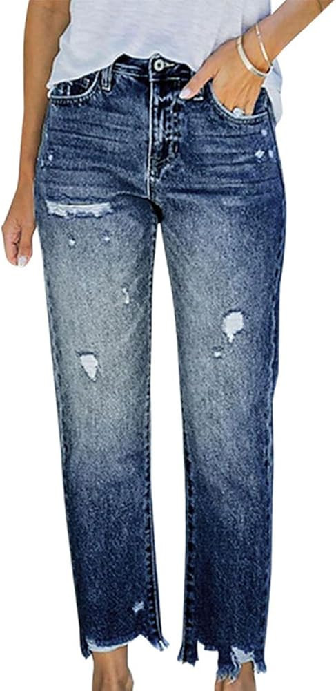 Womens Distressed Ripped Denim Pants High Waist Wide Leg Fashion Cropped Trousers Classic Jeans P... | Amazon (US)