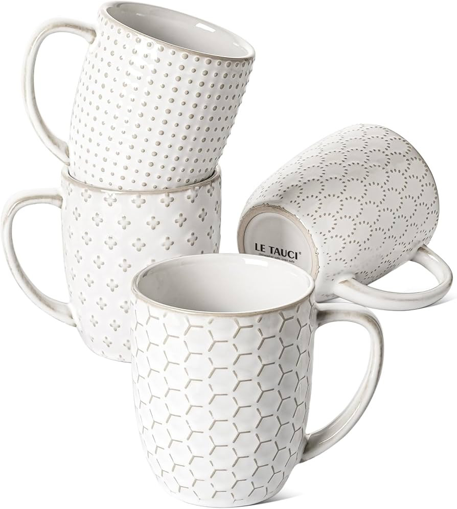 LE TAUCI Coffee Mugs 12 oz, Ceramic Mug Set, Housewarming Wedding Gift, Embossment Cups for Latte... | Amazon (US)