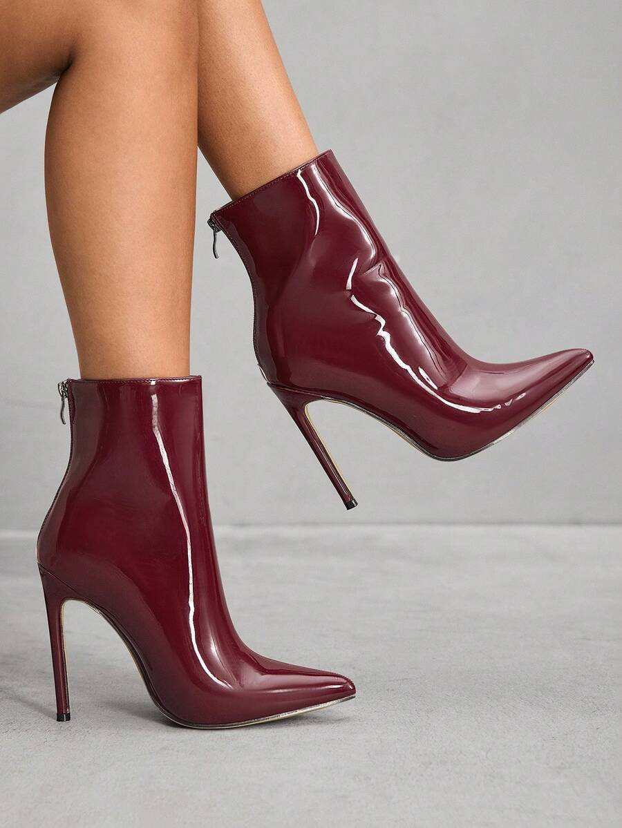 CUCCOO SZL Sexy Fashion Pointed Toe Stiletto High Heel Side Zipper Wine Red Stylish Party Clubwea... | SHEIN