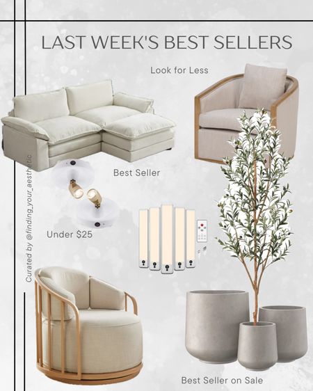 Last weeks best sellers - lots of these look for less finds are currently on sale as well making them a great deal. 

Cozy sectional for apartment // look for less neutral couch // couch with chaise // Walmart swivel chair // Walmart viral products // linen swivel chair // LED puck lights // viral concrete planter set // faux olive tree indoors // Amazon home favorites 

#LTKSaleAlert #LTKHome