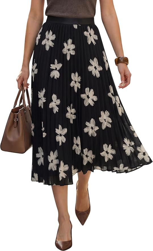 Arach&Cloz Women's Chiffon Wide Elastic Band A-Line Pleated Floral Pleated Skirts | Amazon (US)
