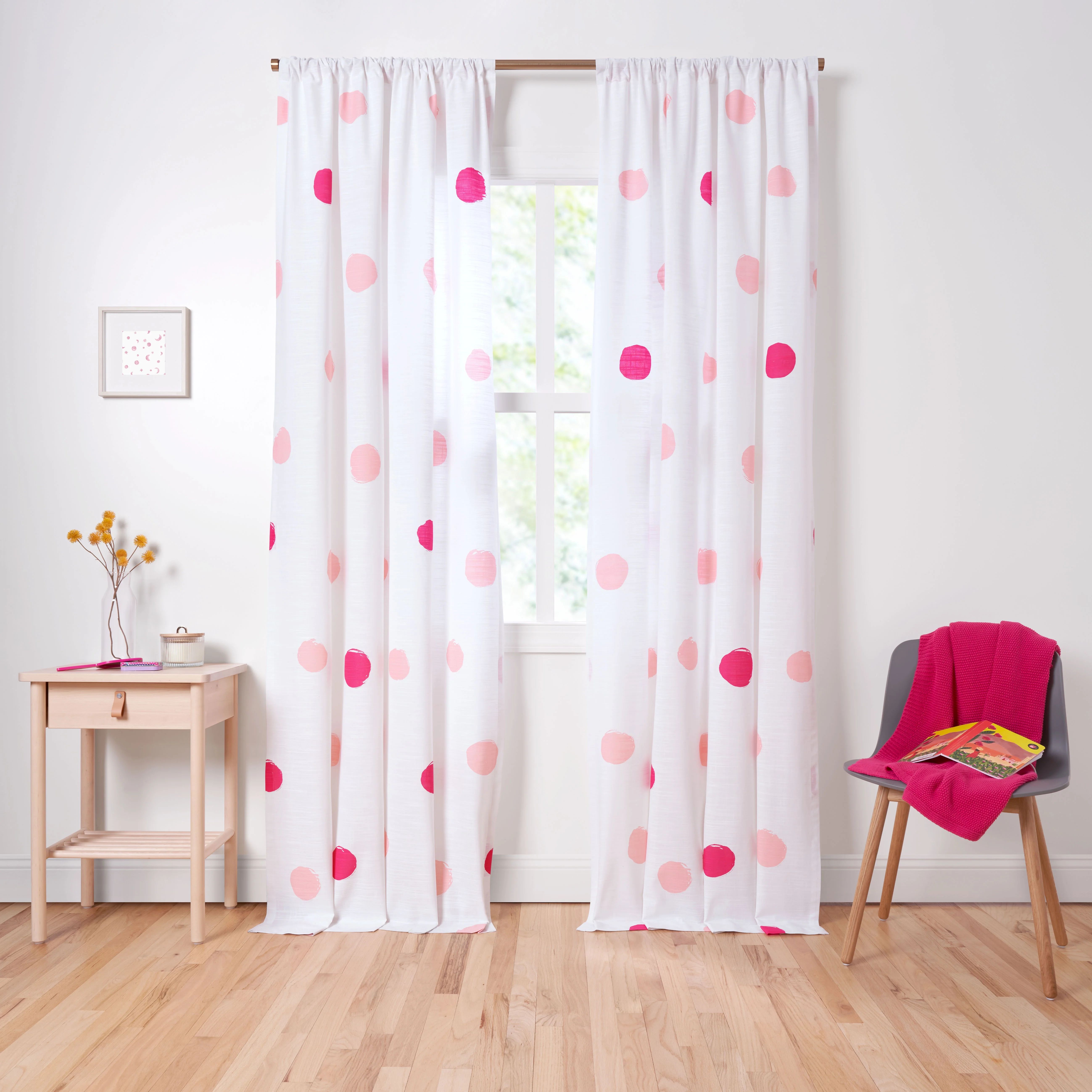 Gap Home Kids Oversized Dot Organic Cotton Semi-Sheer Window Curtain Pair, White/Pink, 48x63 - Wa... | Walmart (US)