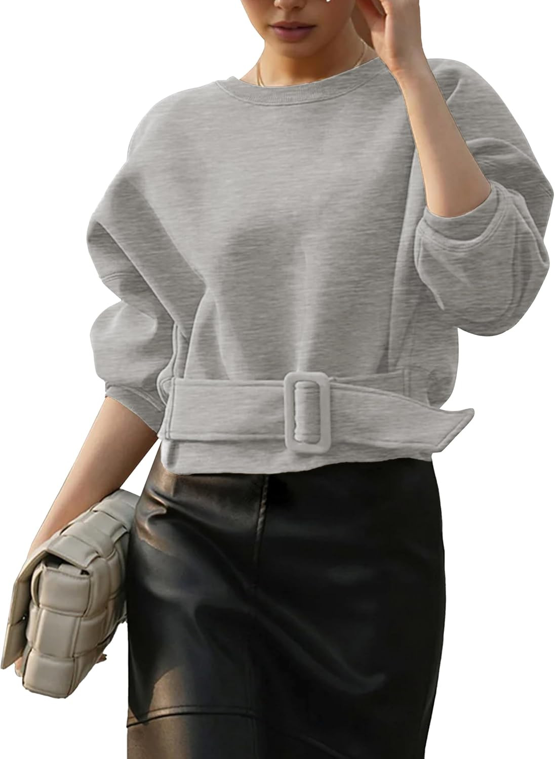 Womens Cropped Sweatshirts Belted Tops Long Sleeve Pullover | Amazon (US)