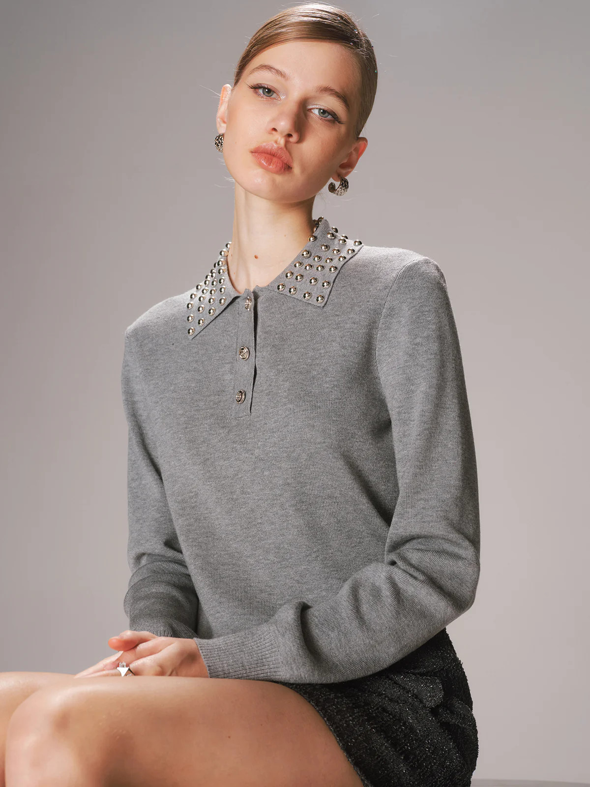 Studded Collar Wool-Blend Knit Polo Sweater | Commense
