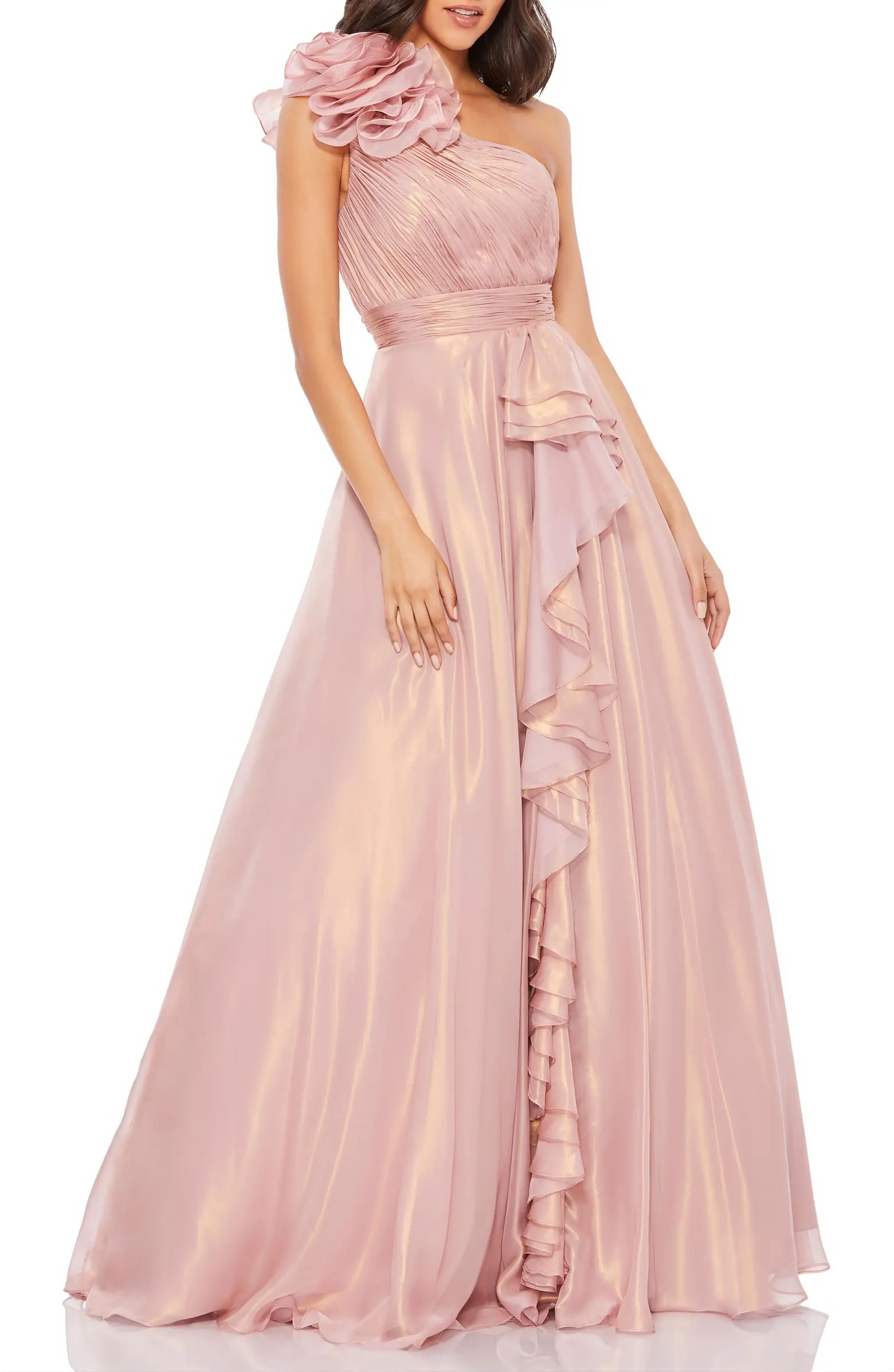 Iridescent One Shoulder Rosette Ball Gown | Nordstrom